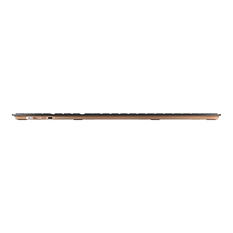 Draufsicht auf eine goldfarbene, flache Tastatur. Die Tasten sind schwarz, das Gehäuse goldfarben, einseitig mit Anschlüssen.