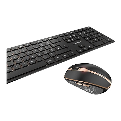 Schwarzes kabelloses Tastatur-Maus-Set. Die Tastatur hat weiße Schrift, die Maus ist schwarz-goldfarben.