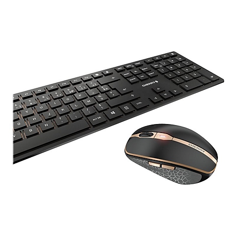 Schwarzes Tastatur-Maus-Set mit goldfarbenen Akzenten. Tastatur und Maus liegen vor weiÃŸem Hintergrund.