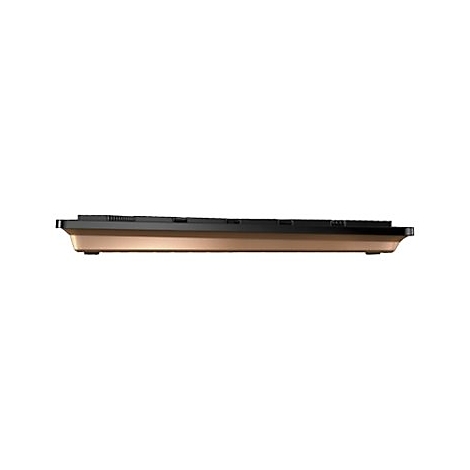 Draufsicht auf eine Tastatur. Schwarz, Bronze, minimalistisch.