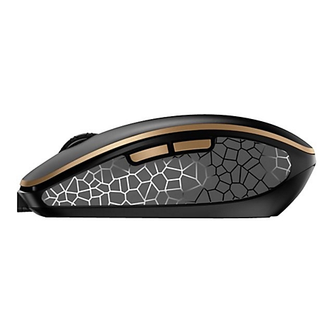 Drahtlose Maus in Schwarz und Gold, mit wabenartigem Muster.