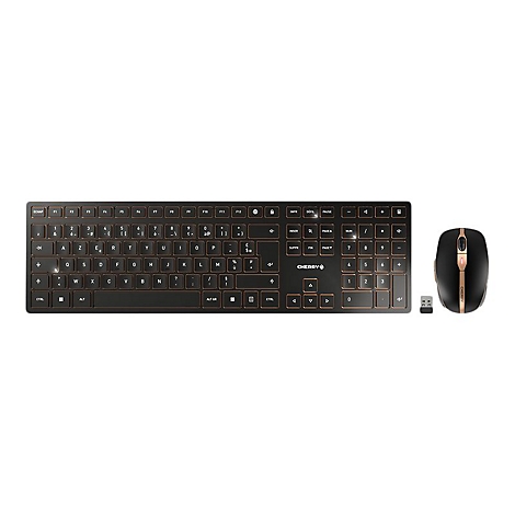 Schwarzes drahtloses Tastatur- und Maus-Set mit kupferfarbenen Akzenten. Die Tastatur hat beleuchtete Tasten. Rechts ist eine Maus mit goldenen Akzenten.
