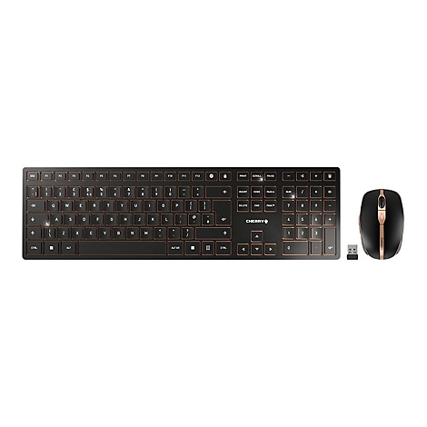 Schwarzes kabelloses Tastatur- und Maus-Set. Die Tastatur mit braunen Markierungen. Die Maus mit goldenen und schwarzen Akzenten.
