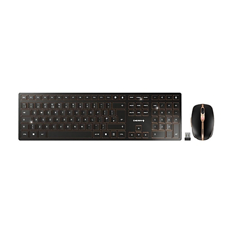 Schwarzes kabelloses Tastatur-Maus-Set mit Goldakzenten. Auf dem Tisch platziert.