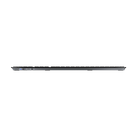 Seitliche Ansicht einer schwarzen Tastatur mit flachen Tasten. Auf der Seite befinden sich Schalter für RF und Bluetooth.