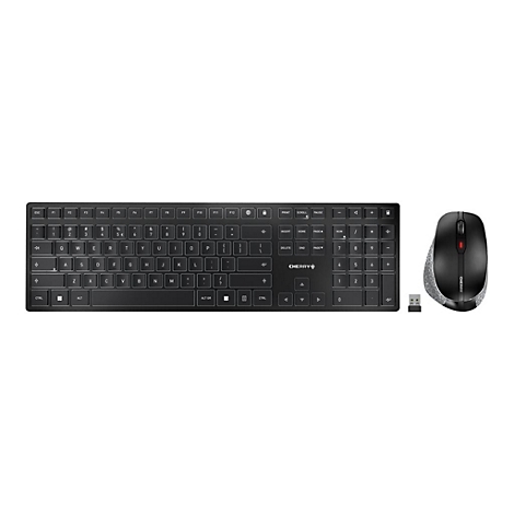 Schwarze Tastatur und Maus, drahtlos. Die Tastatur hat helle Beschriftungen, die Maus hat ein graues Muster.