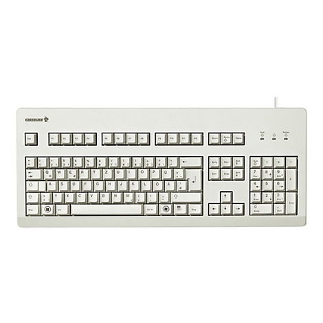 Eine weiße Cherry-Tastatur, Draufsicht, mit deutschen Tastatur-Layout, inkl. Nummernblock, Funktionstasten und Cherry-Logo.