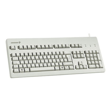 Graue Cherry-Tastatur mit weißen Tasten und deutscher Beschriftung. Logo links oben, Kabel rechts. 