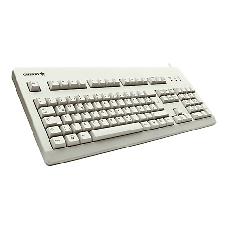 Hellgraue Cherry-Tastatur mit weißen Tasten. Logo links oben. Das Kabel führt nach oben.