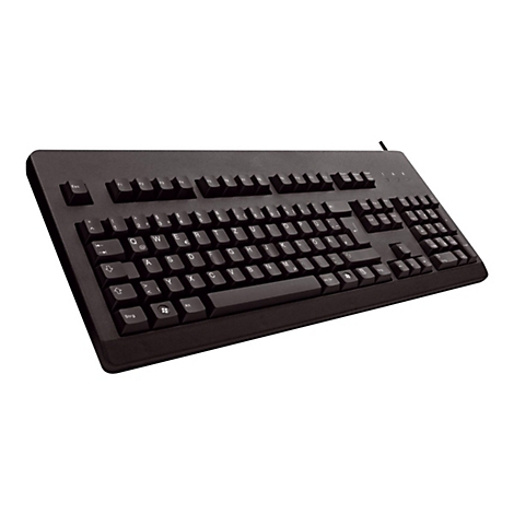 Schwarze Computertastatur mit weiÃŸen Buchstaben. Ansicht von oben mit Blick auf alle Tasten.