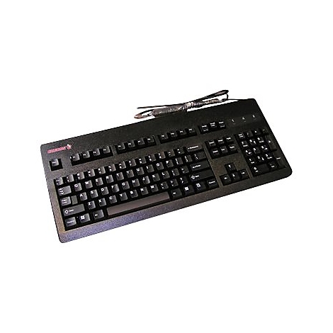 Schwarze Tastatur mit Kabel. Auf der oberen rechten Ecke befinden sich die NummernblÃ¶cke, das Layout ist QWERTZ.