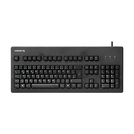 Schwarze Cherry-Tastatur, Drahtanschluss oben rechts, neutraler Hintergrund.