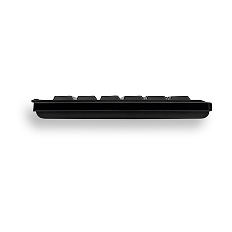 Schwarze Tastatur von der Seite gesehen mit schwarzen Tasten auf weißem Hintergrund.