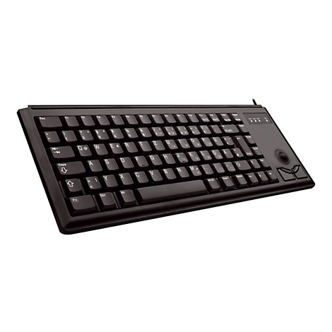 Schwarze Tastatur mit Trackball und Maustasten. Die Tasten sind beschriftet, darunter Buchstaben, Zahlen und Sonderzeichen.