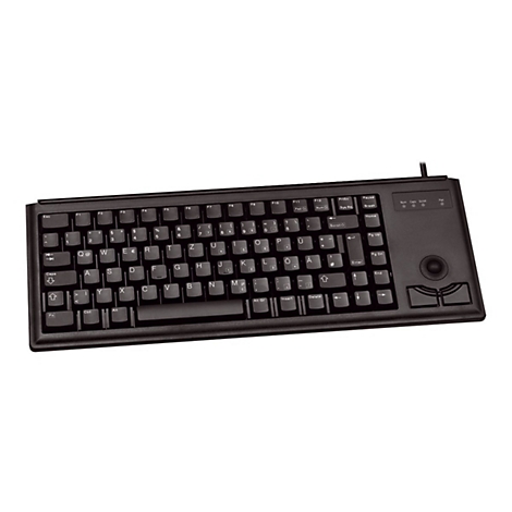Schwarze Computertastatur mit Trackball und Tasten, Beschriftung auf Deutsch.