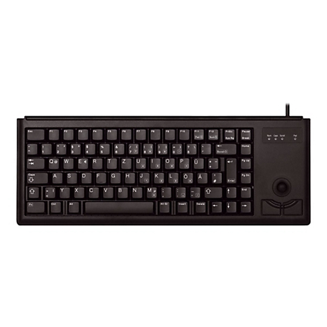 Schwarze Computertastatur mit Trackball und Funktionstasten. Auf dem Tastenfeld sind Buchstaben, Zahlen und Sonderzeichen zu sehen.
