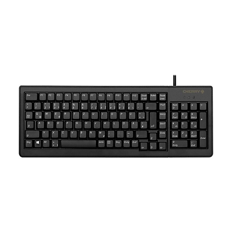Clavier Cherry noir. Toutes les touches sont étiquetées, y compris le pavé numérique. Logo Cherry en haut à droite.