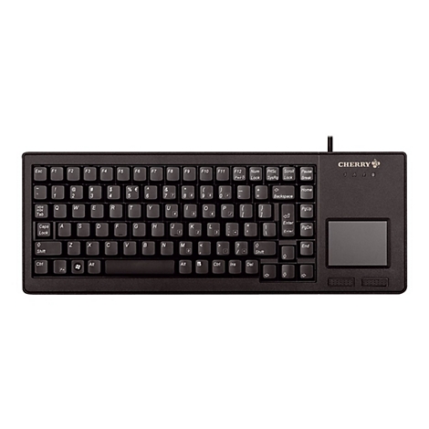 Schwarze Cherry-Tastatur mit integriertem Touchpad. Die Tasten sind beschriftet, ebenso die Funktionstasten. Das Cherry-Logo ist oben rechts.