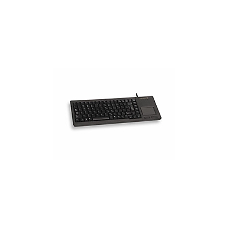 Schwarze Tastatur mit integriertem Touchpad auf weißem Hintergrund.