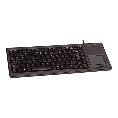 Schwarze Cherry-Tastatur mit integriertem Touchpad. Buchstaben und Symbole in Weiß.