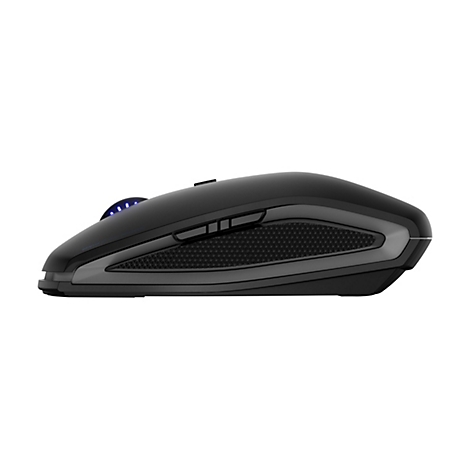 Souris de jeu noire de profil, LED bleues, trois boutons latéraux. Inscription : "GENTIX-SC High Precision".