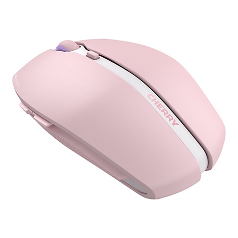 Souris d'ordinateur rose clair, avec bouton DPI et lettrage de la marque.