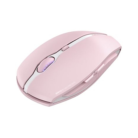 Souris rose clair avec des accents blancs. Molette et boutons latéraux. Inscription : "GENTEC ECOH PRECISION".