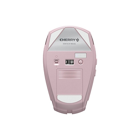 Vue de dessus d'une souris rose. Inscription : Cherry Gentix BT Mouse. Avec curseur Bluetooth.