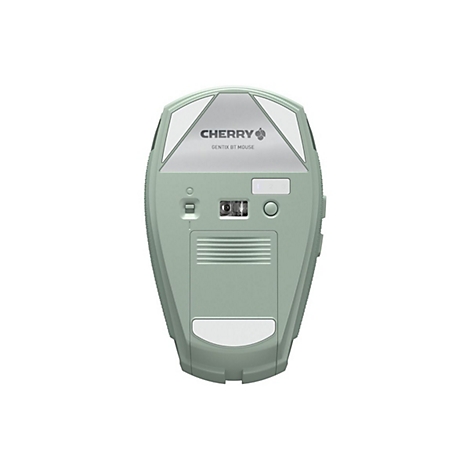 Hellgrüne kabellose Maus von unten. Oben steht 'CHERRY'.