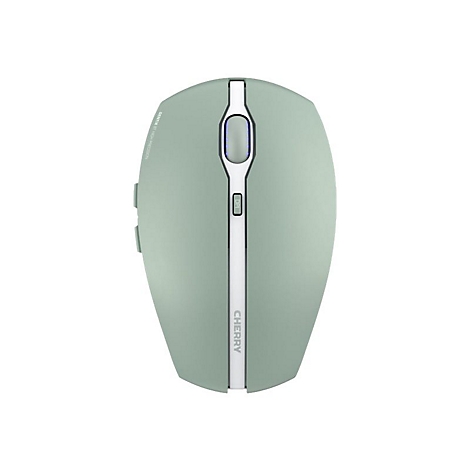 Hellgrüne Maus mit weißen Akzenten. Oben: Scrollrad, DPI-Taste. Marke: CHERRY. Auf weißem Hintergrund.