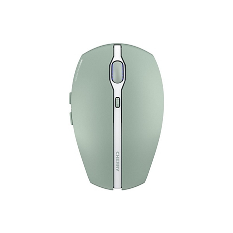 Hellgrüne kabellose Maus mit weißen Akzenten. Oben mittig ein Scrollrad, darunter DPI-Knopf. Rechts der Schriftzug CHERRY.