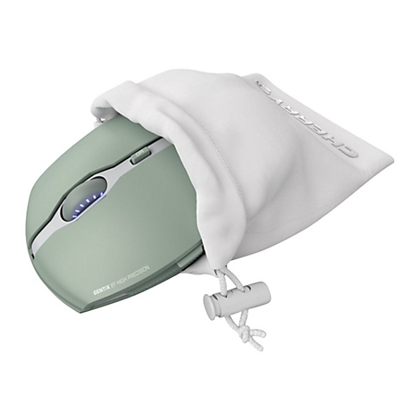 Hellgrüne kabellose Maus in weißem Beutel, Knopf mit DPI-Einstellung, Logo "GENTIX BT HIGH PRECISION".