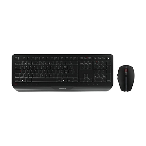 Clavier et souris noirs. Le clavier est en disposition allemande, avec le logo 'CHERRY' en bas. La souris a des accents rouges.