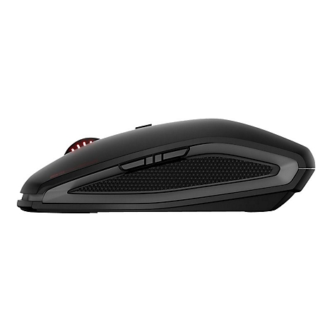 Schwarze Gaming-Maus mit roter Beleuchtung. Seitlich Tasten, ergonomisches Design.