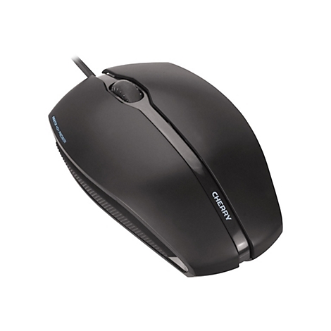 Schwarze Computermaus mit Kabel, Scrollrad und CHERRY-Schriftzug.