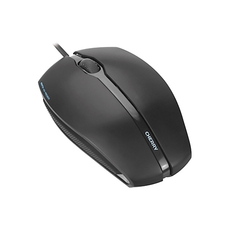 Schwarze Maus, perspektivisch fotografiert. Oben ist ein Kabel zu sehen. Auf der Maus steht "CHERRY".