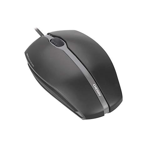Ein schwarze Computermaus mit Kabel. Auf der Maus steht "Cherry".
