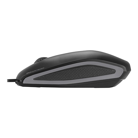 Souris d'ordinateur noire avec bordure grise et surface texturÃ©e sur le dessous, isolÃ©e sur fond blanc.