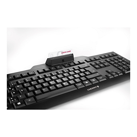 Schwarze Tastatur mit Login-Kartenleser, Karte mit Aufschrift LOGIN CARD.