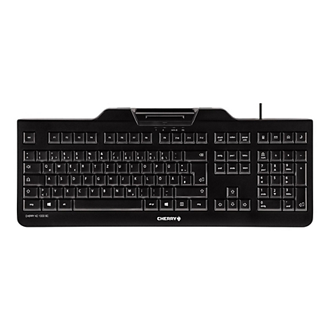 Schwarze Tastatur mit weiÃŸen Tasten. Auf der Tastatur steht CHERRY.