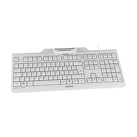 Hellgraue Computertastatur mit weiÃŸen Tasten. Das Logo der Marke Cherry ist sichtbar.