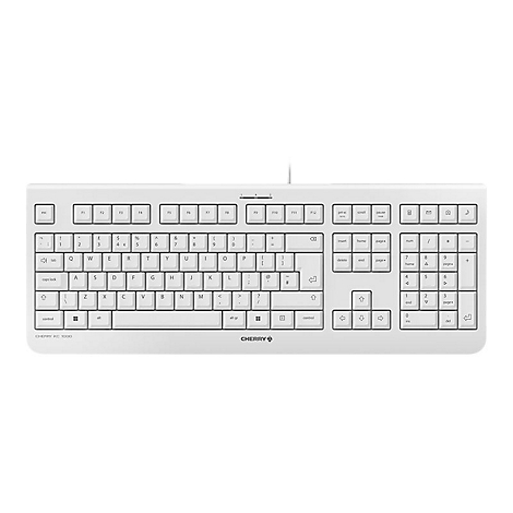 Weisse Computertastatur mit allen Tasten und Kabel, Herstellerlogo: Cherry.
