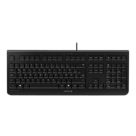 Schwarze Tastatur, Tastenbeschriftung in WeiÃŸ, Kabelanschluss. Logo 'Cherry' unten rechts.