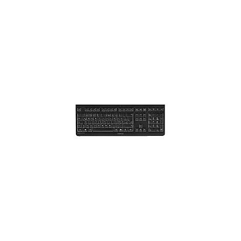Schwarze Computer Tastatur mit beleuchteten Tasten. Die Tastatur hat ein rechteckiges Design und ein Nummernblock.