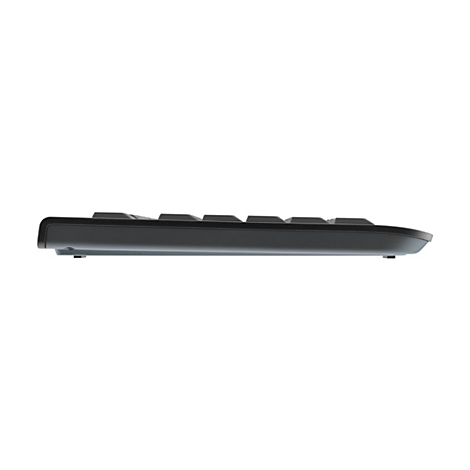 Dunkelgraue Tastatur von der Seite, Tasten oben, Unterseite hellgrau.