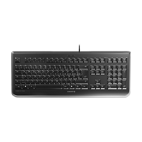 Schwarze Cherry-Tastatur KC 1000. Frontansicht. Alle Tasten sichtbar, Kabelanschluss oben mittig.