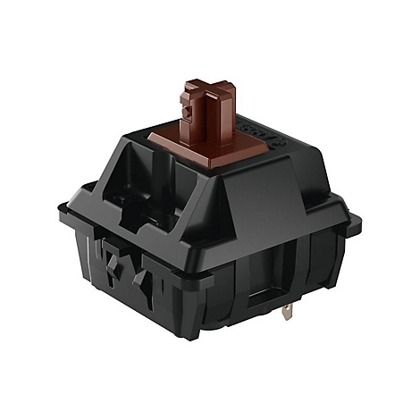 Nahaufnahme eines schwarzen mechanischen Tastaturschalters mit braunem Schaft.