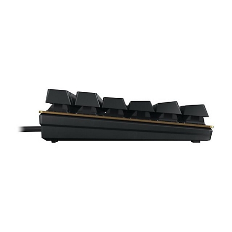 Schwarze Tastatur von der Seite, goldfarbener Rahmen, Kabelanschluss links.
