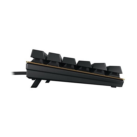 Seitenansicht einer schwarzen mechanischen Tastatur mit goldenen Akzenten und hochgestellten Füßen.