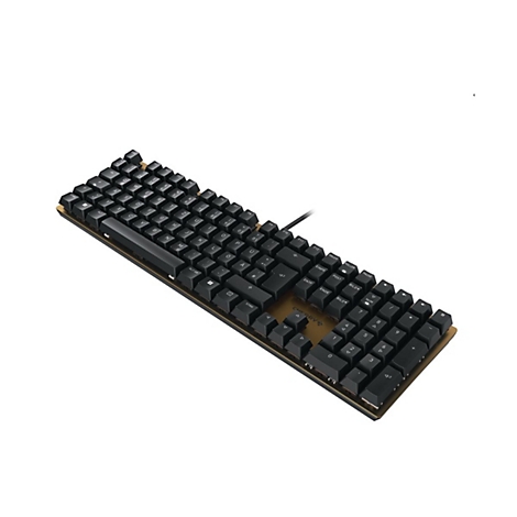 Schwarze Tastatur mit goldfarbenem Rahmen und Kabel. Buchstaben und Symbole sind weiß. Links unten steht CHERRY.